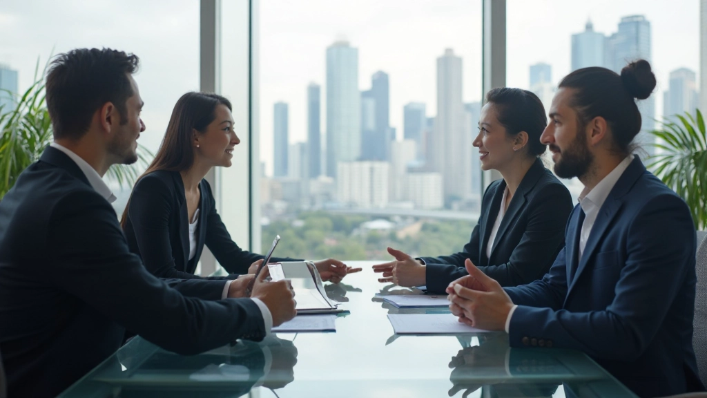 Профессиональная фотография деловой встречи в современном офисе с участниками, обсуждающими проект