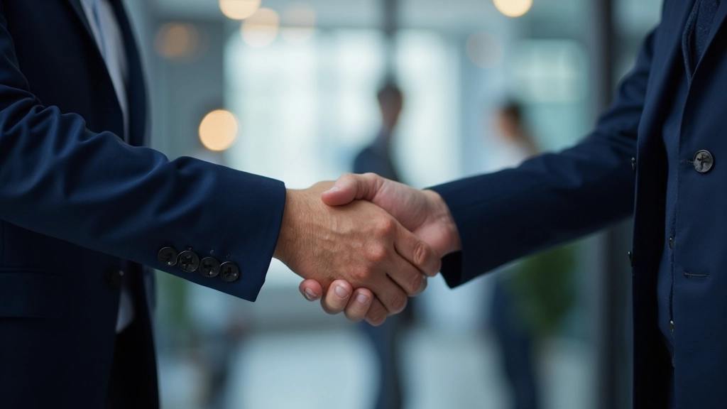 Профессиональная фотография деловой встречи в современном офисе с рукопожатием
