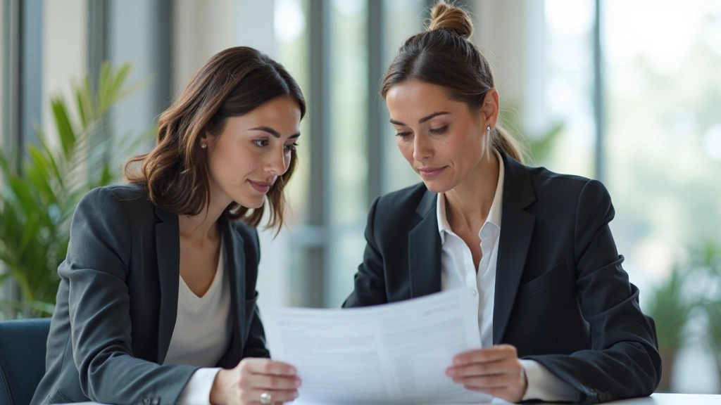 Две профессиональные женщины в деловой одежде обсуждают документы и планы развития